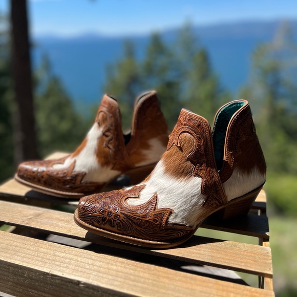 Myra Bag Shoes - New Hand Tooled Floral Leather Genuine Hide Women Bootie Boot Boho Western 7